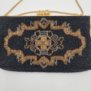 VTG Black & Gold Hand-Beaded Evening Bag Ornate Design & Chain Strap By Walborg
